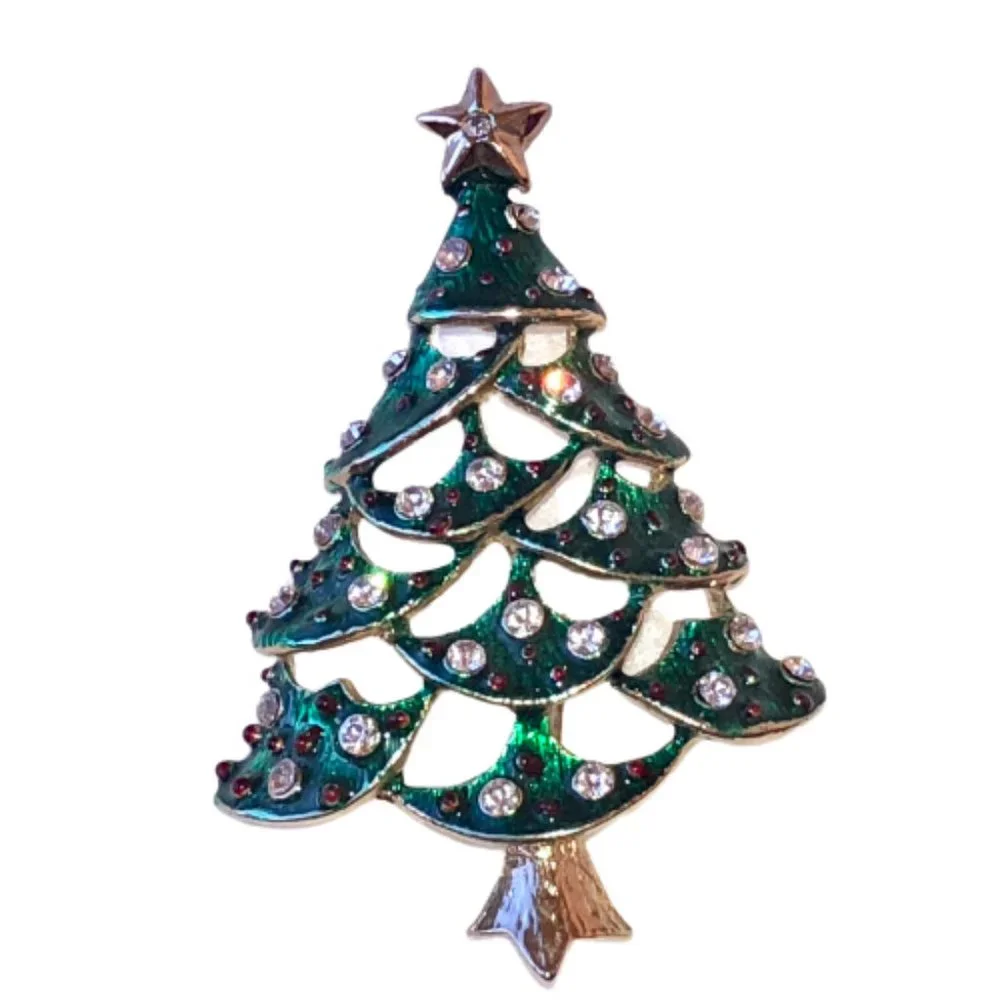 Vintage Christmas Tree Brooch Green Enamel Clear Rhinestones See Thru Cut-Outs